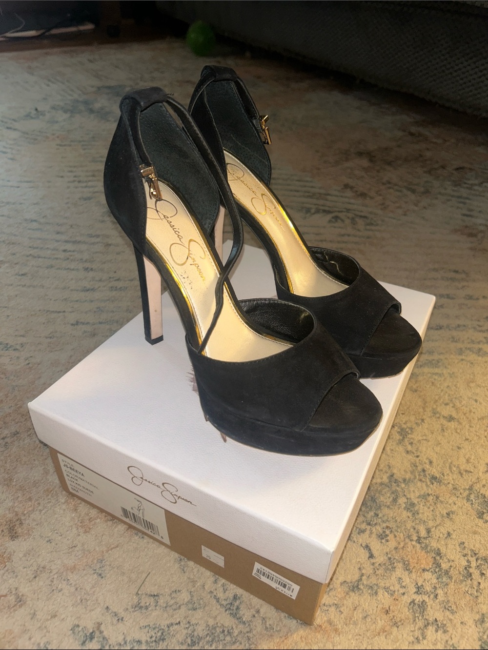 Jessica Simpson Black Suede Open-Toe Ankle-Strap Stiletto Heels